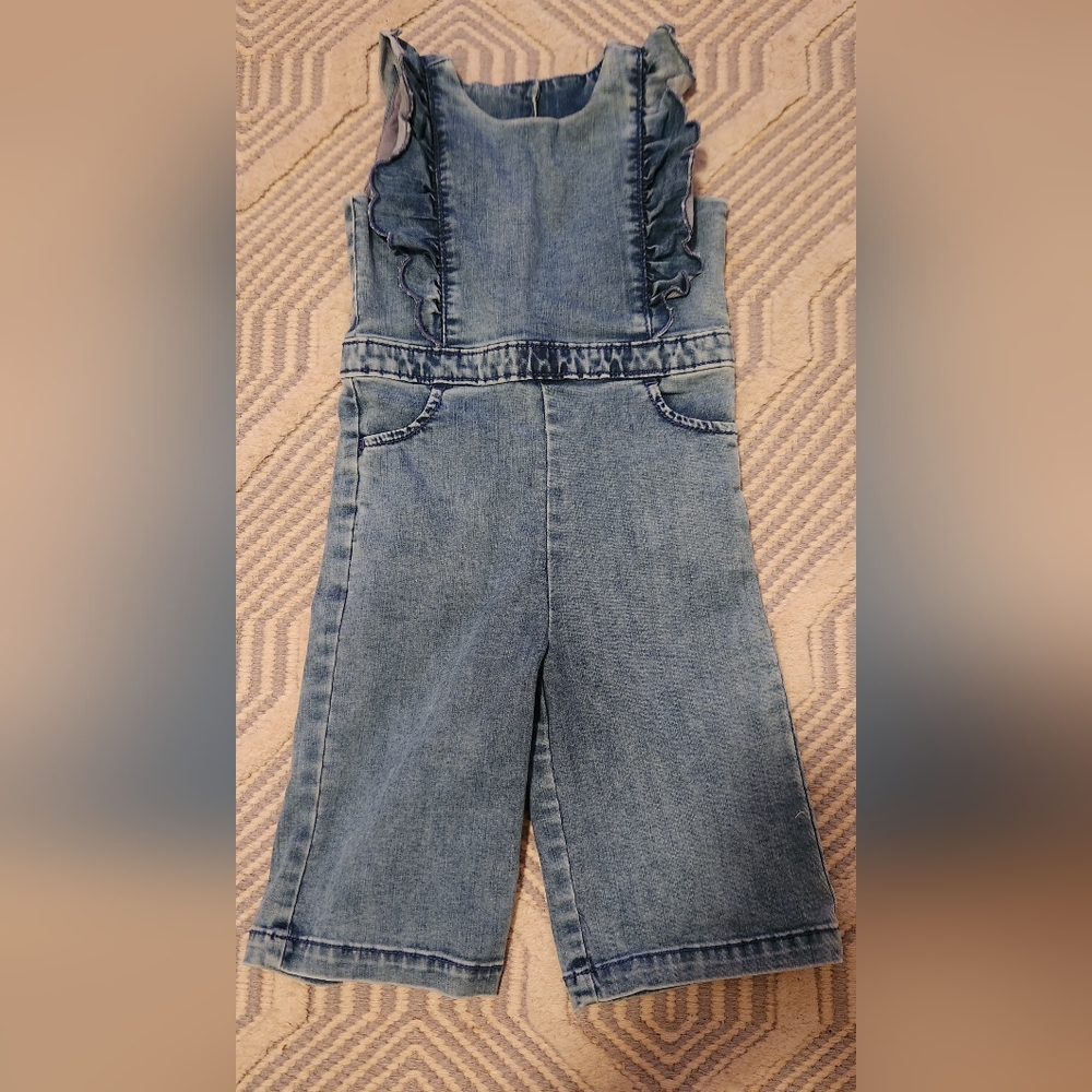 Janie and Jack denim jumper with frill detail. Size 2T